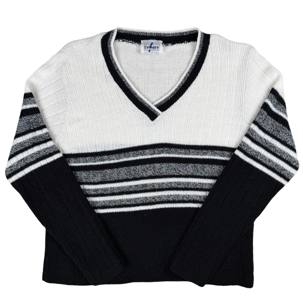 Vintage 90s V Neck Knit Sweater Black White Striped Made USA Medium